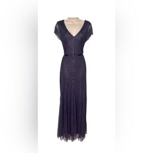 Adrianna Papell Beaded Gown Formal‎ Maxi Dress V Neck Cap Sleeve Size 10